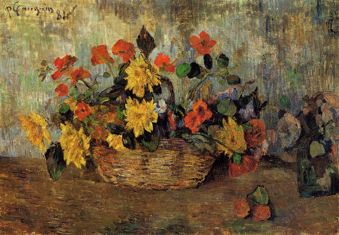 Nasturtiums and Dahlias in a Basket - Paul Gauguin Painting